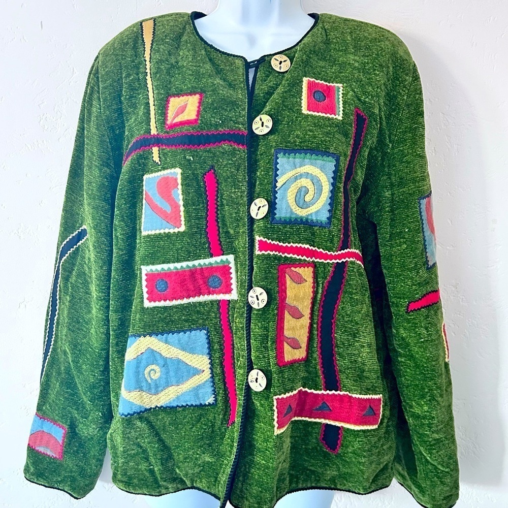 Vtg 90s Abstract 3D Embroidered Chenille Lagenlook Artist Jacket S/M Art to Wear
